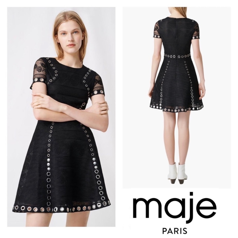 New! MAJE Ranch Floral Lace Embroidered Woven Mini Dress in Black EU 36